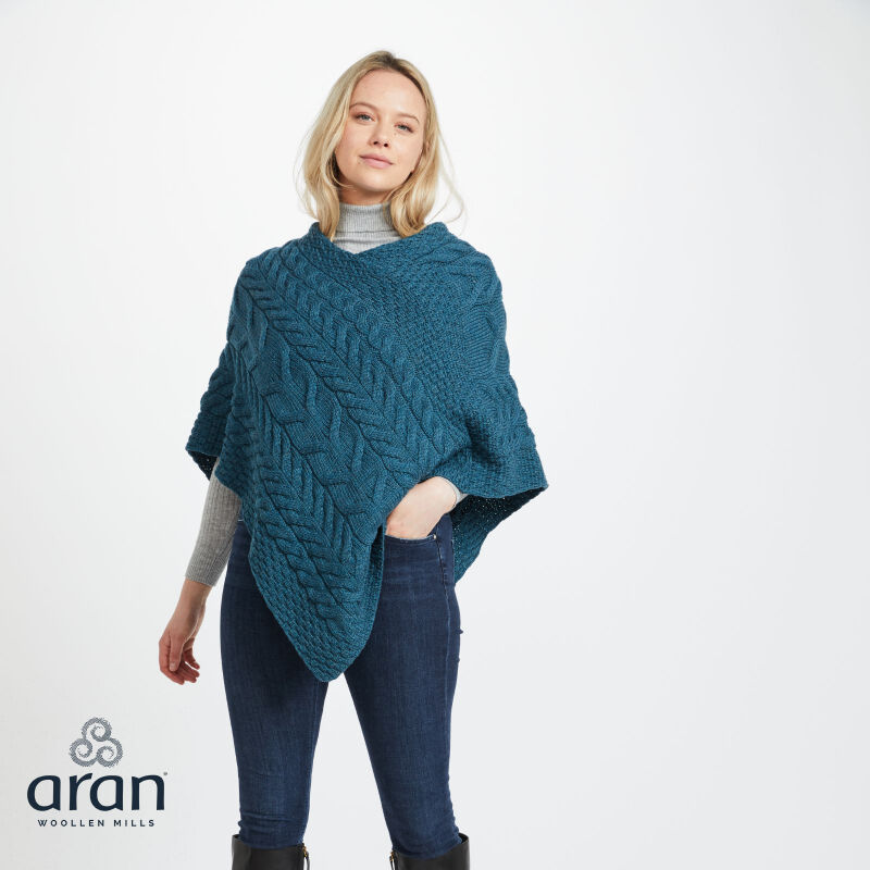 Super Soft Merino Wool Triangular Aran Cable Knit Design Poncho  Blue Colour